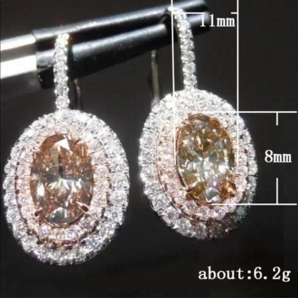 SILVER OVAL DIAMOND MORGANITE HOOP EARRINGS, BEAUTIFUL EARRINGS, CUTE EARRINGS. - Picture 3 of 5